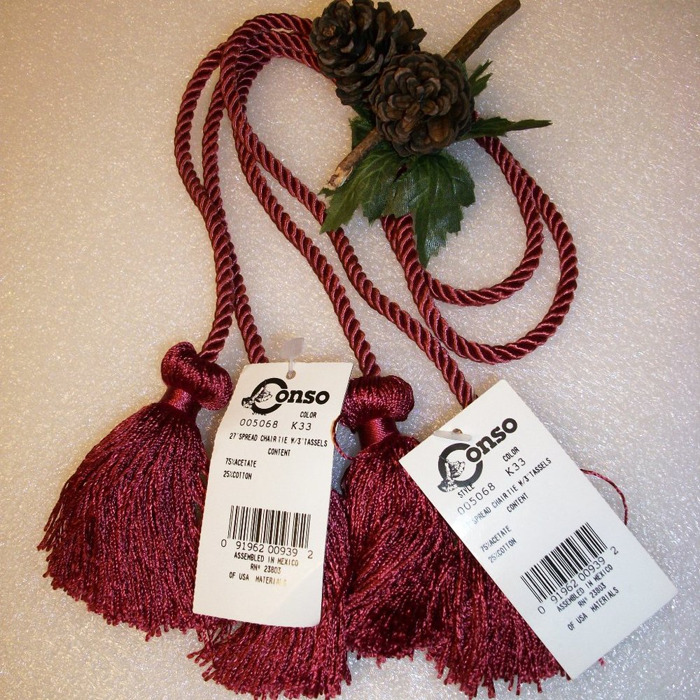 2 CONSO 30" Chair Ties 5" Tassels NWT Burgundy